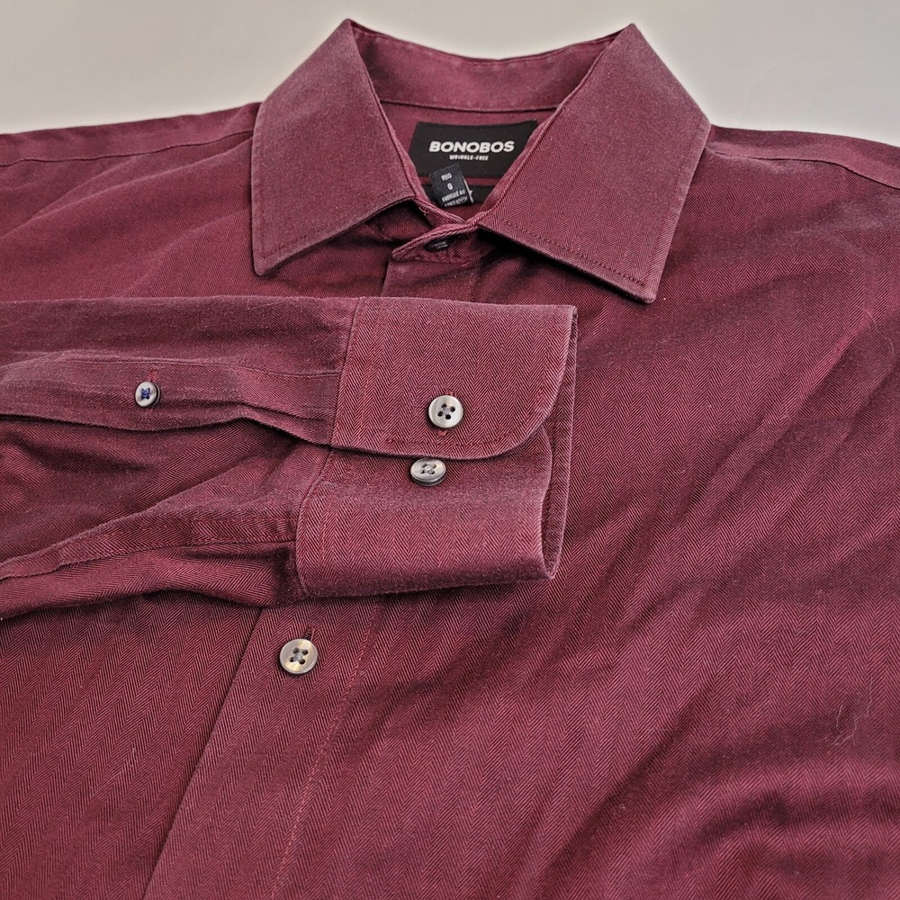 Bonobos Dress Shirt Mens L‎ Burgundy Excellent Slim Fit Wrinkle-Free Herringbone